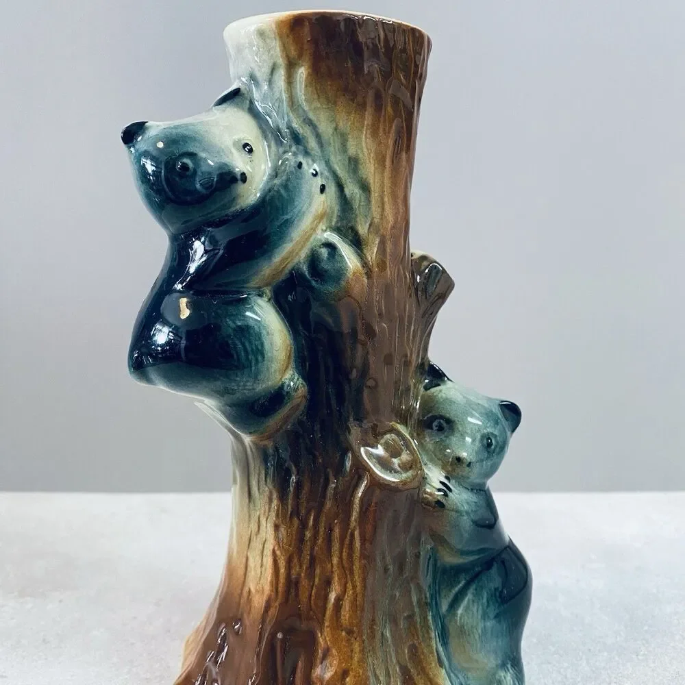 Vintage FREDERICKSBURG ART POTTERY Company Bear Cubs Hugging A Tree Bud Vase